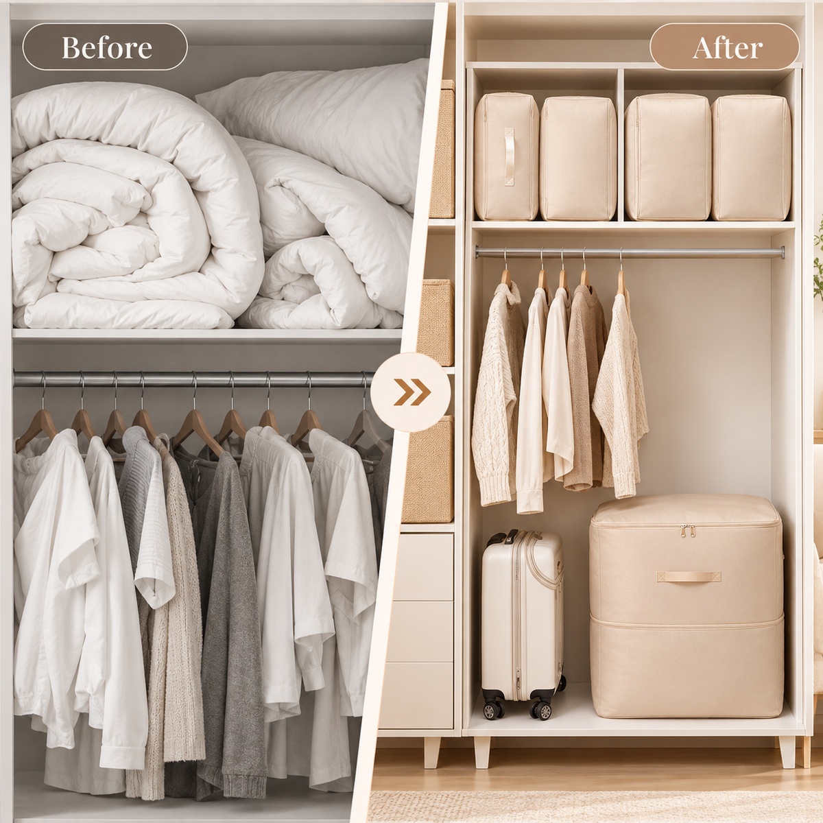 A before-and-after comparison of closet organization. The left side labeled 'Before' shows a closet with a rolled white quilt and hanging gray and white garments.
