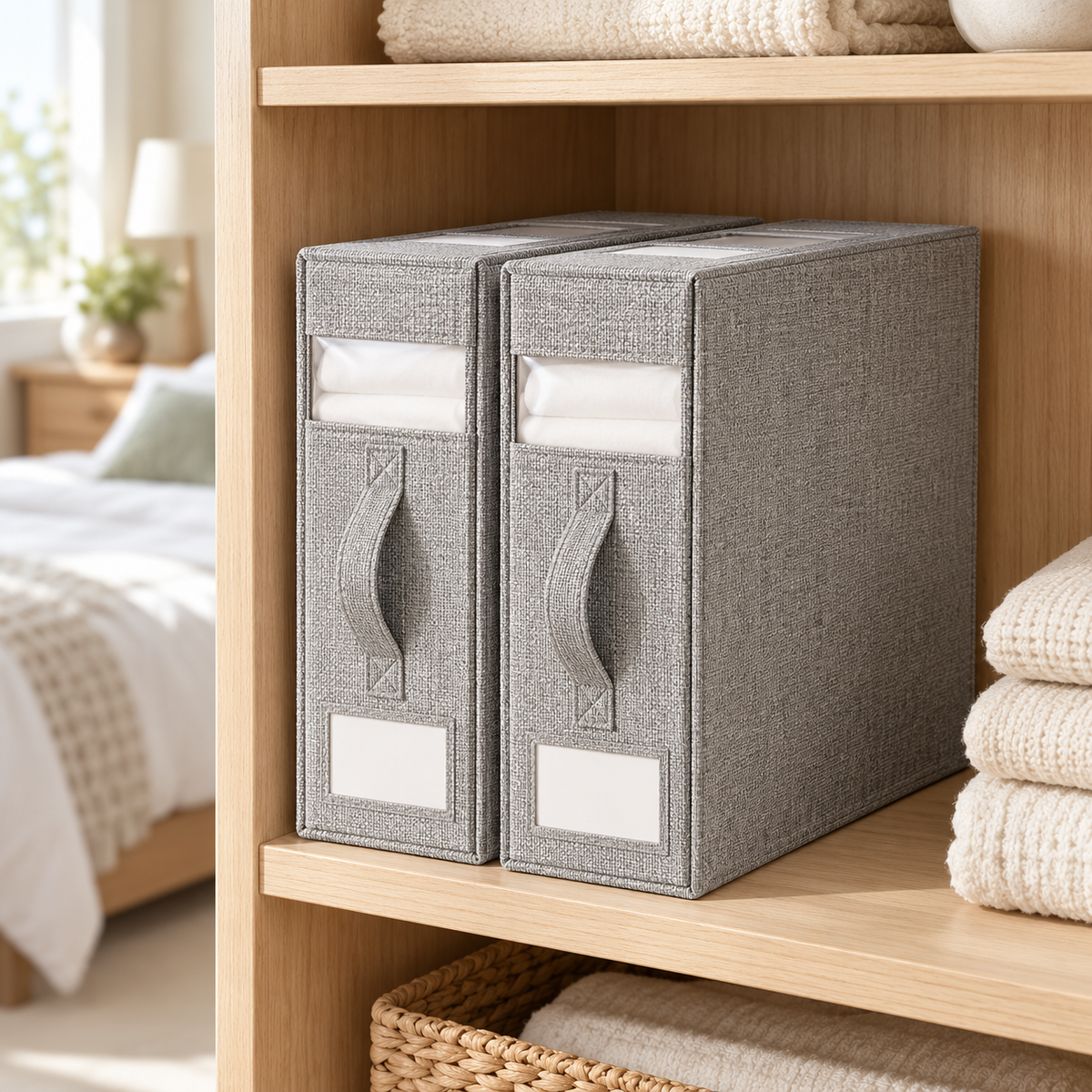 Two gray fabric storage organizers with fabric handles and white label pockets, displayed on a light wood shelf in a cozy bedroom setting.