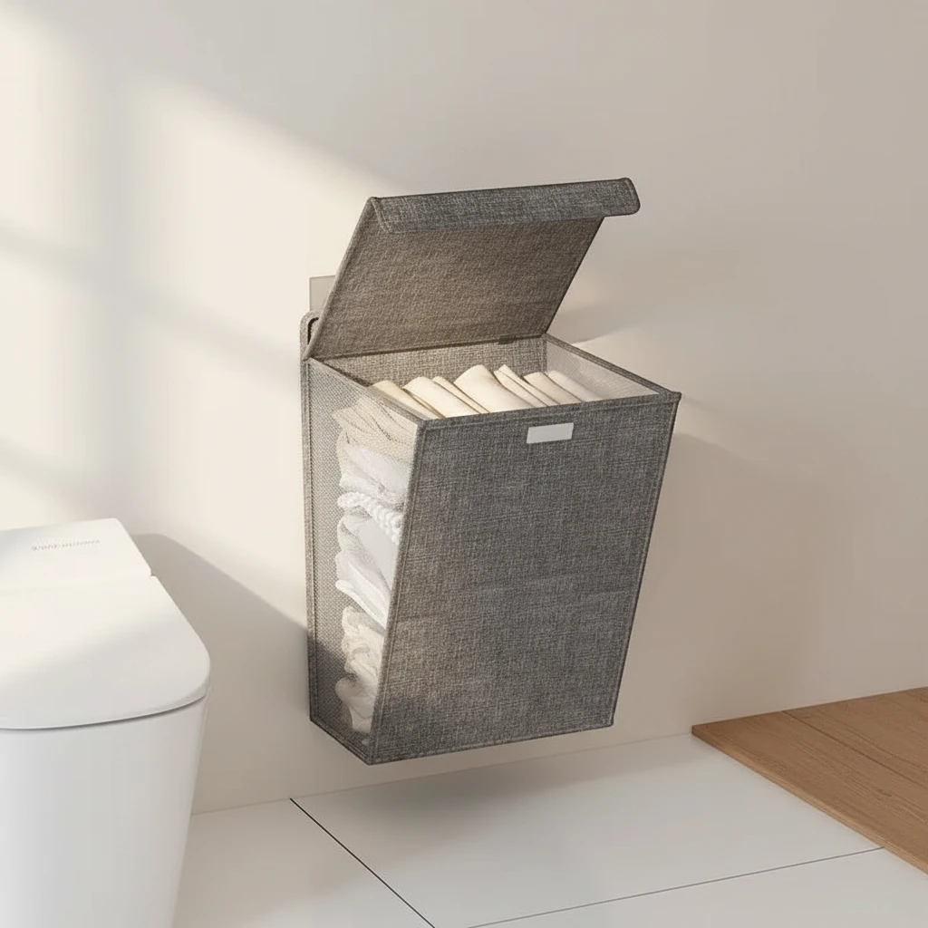 Foldable Wall-Mounted Laundry Basket – Space-Saving Polyester Hamper for Home Organization, Easy Storage, Grey