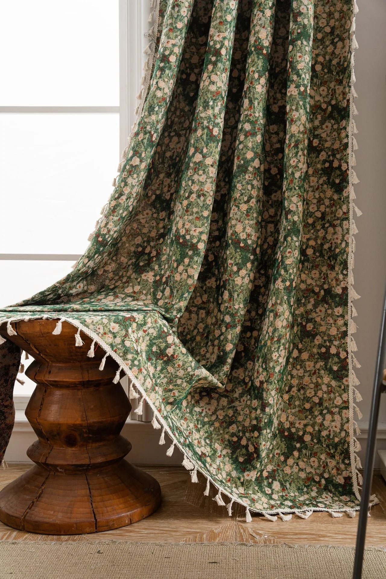 Soft Floral Curtain with Light-Filtering Fabric & Boho Tassel Trim