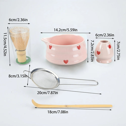 Ceramic Matcha Set with Pink Heart Decals - Complete Matcha Bowl, Whisk, Holder, Bamboo Scoop, and Sifter