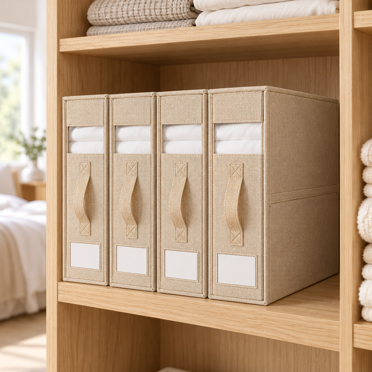 Four beige linen fabric storage boxes with fabric handles and white label pockets, neatly arranged on a light wood shelf in a bedroom setting.