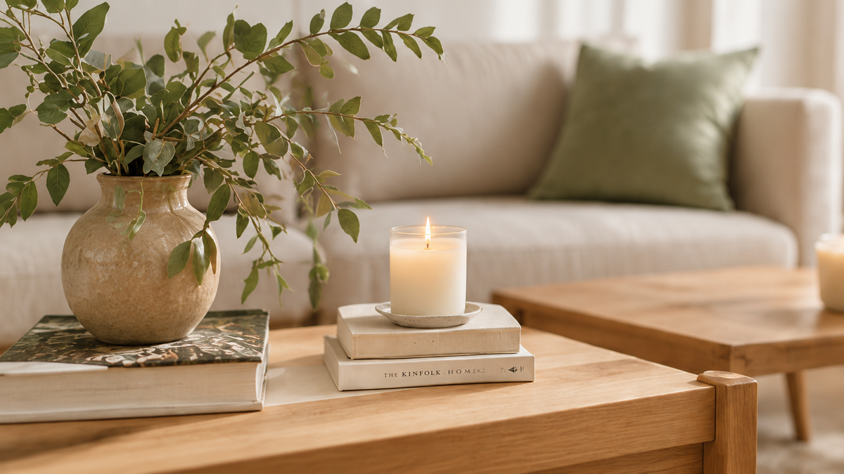 A lit white candle sits on stacked books on a light wood coffee table in a cozy living room setting with a beige sofa, green pillow, and a vase of eucalyptus in the background.