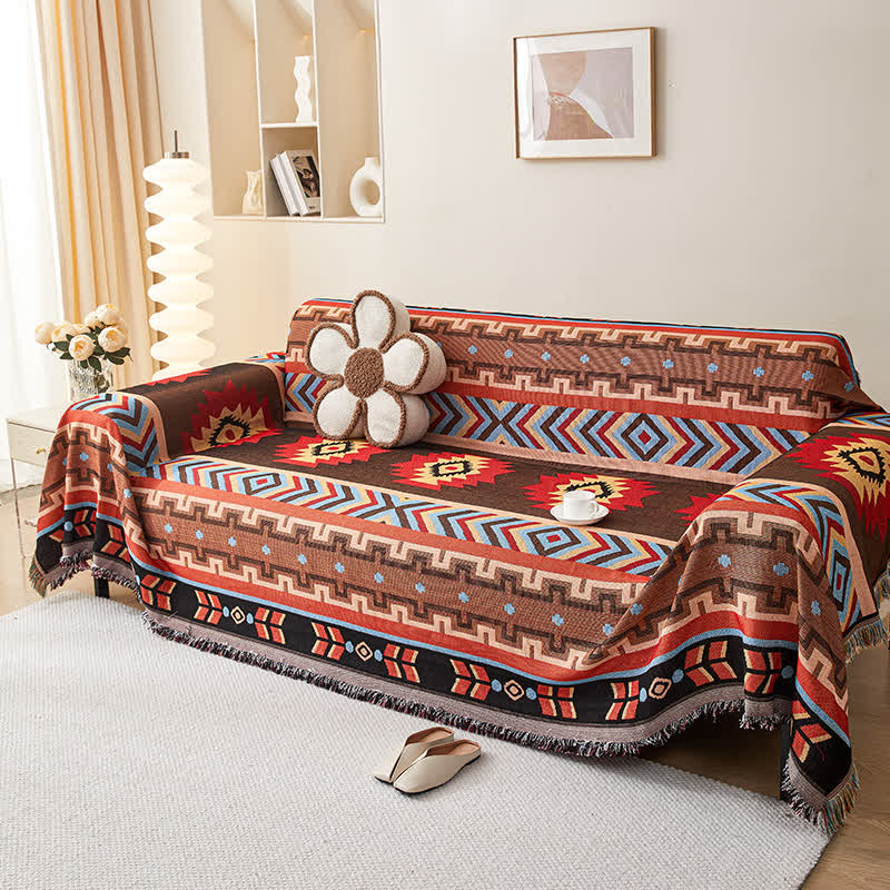 Geometric sofa cover with tassels