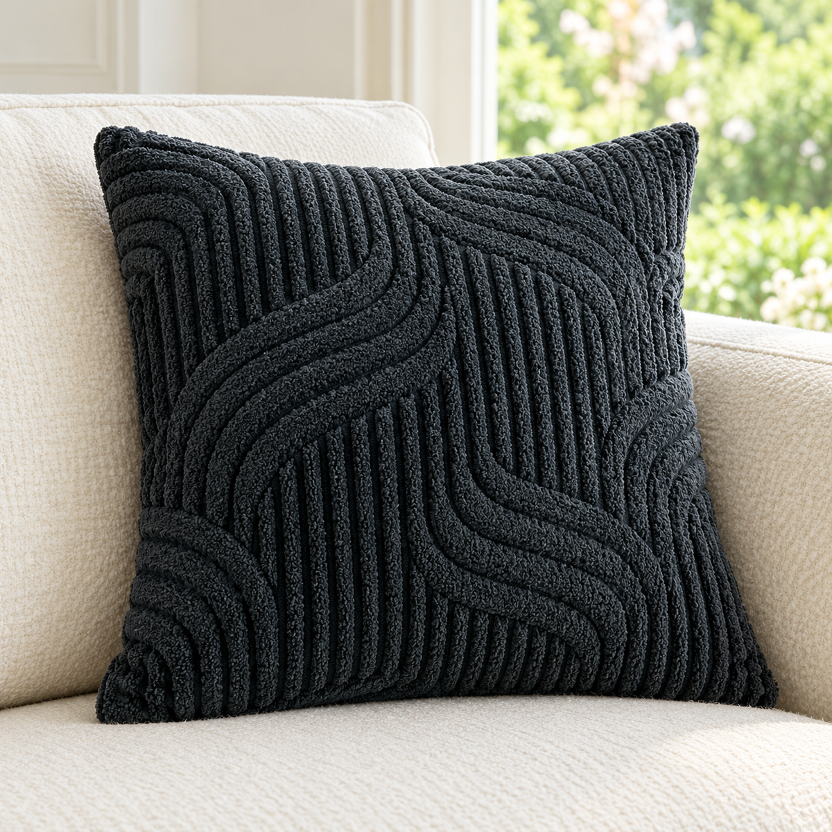 A square dark charcoal gray textured throw pillow with a raised wavy pattern, resting on a light beige upholstered sofa with a softly blurred window background.