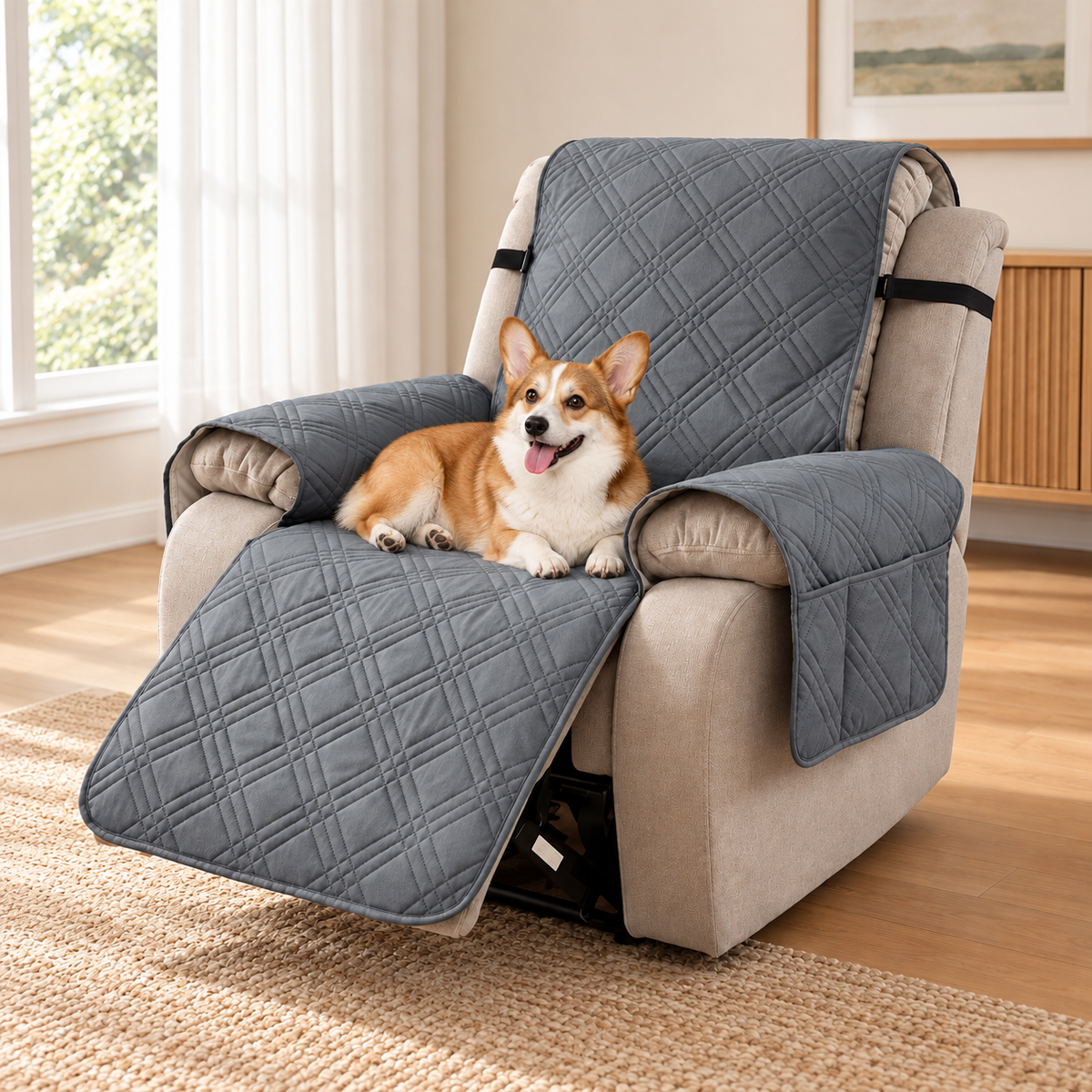 A tan and white Corgi lies comfortably on a gray quilted recliner slipcover in a bright, modern living room. The slipcover is shown fitted over a beige fabric recliner chair, with matching armrest covers and a footrest cover extended.