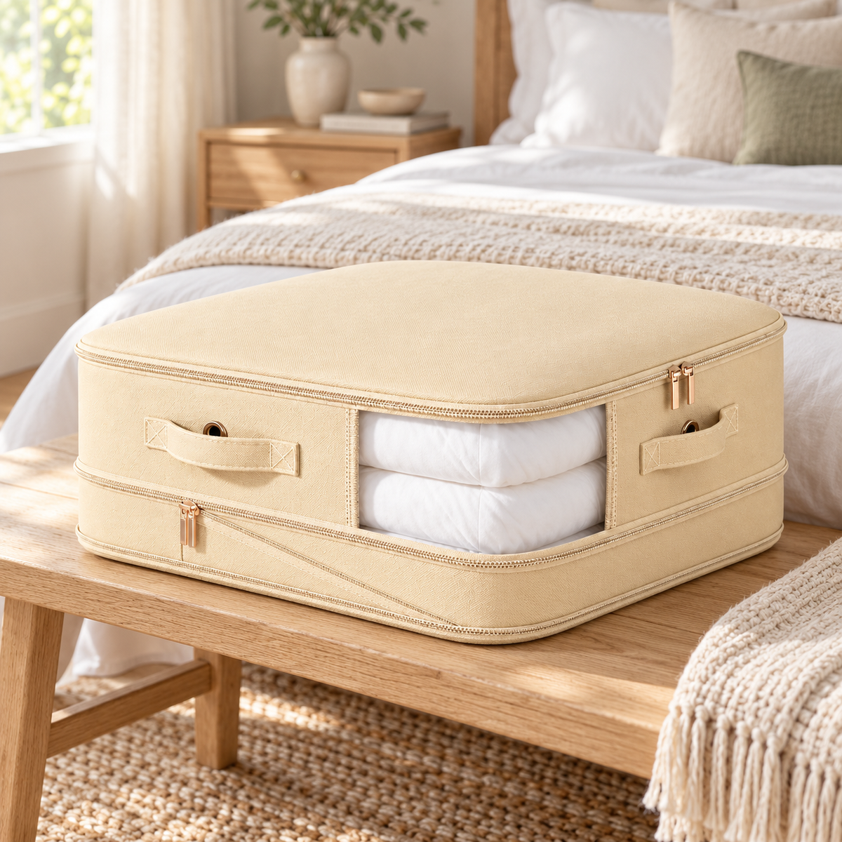 A beige fabric mattress or bed support box with a clear window showing white bedding inside, placed on a wooden bench in a softly lit bedroom.