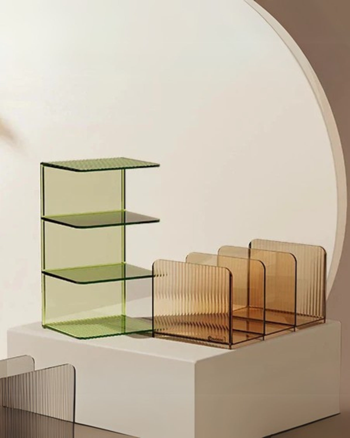Acrylic shelf – Elegant design – Warm amber, serene green, or sleek smoke gray – Modern wall organizer 3