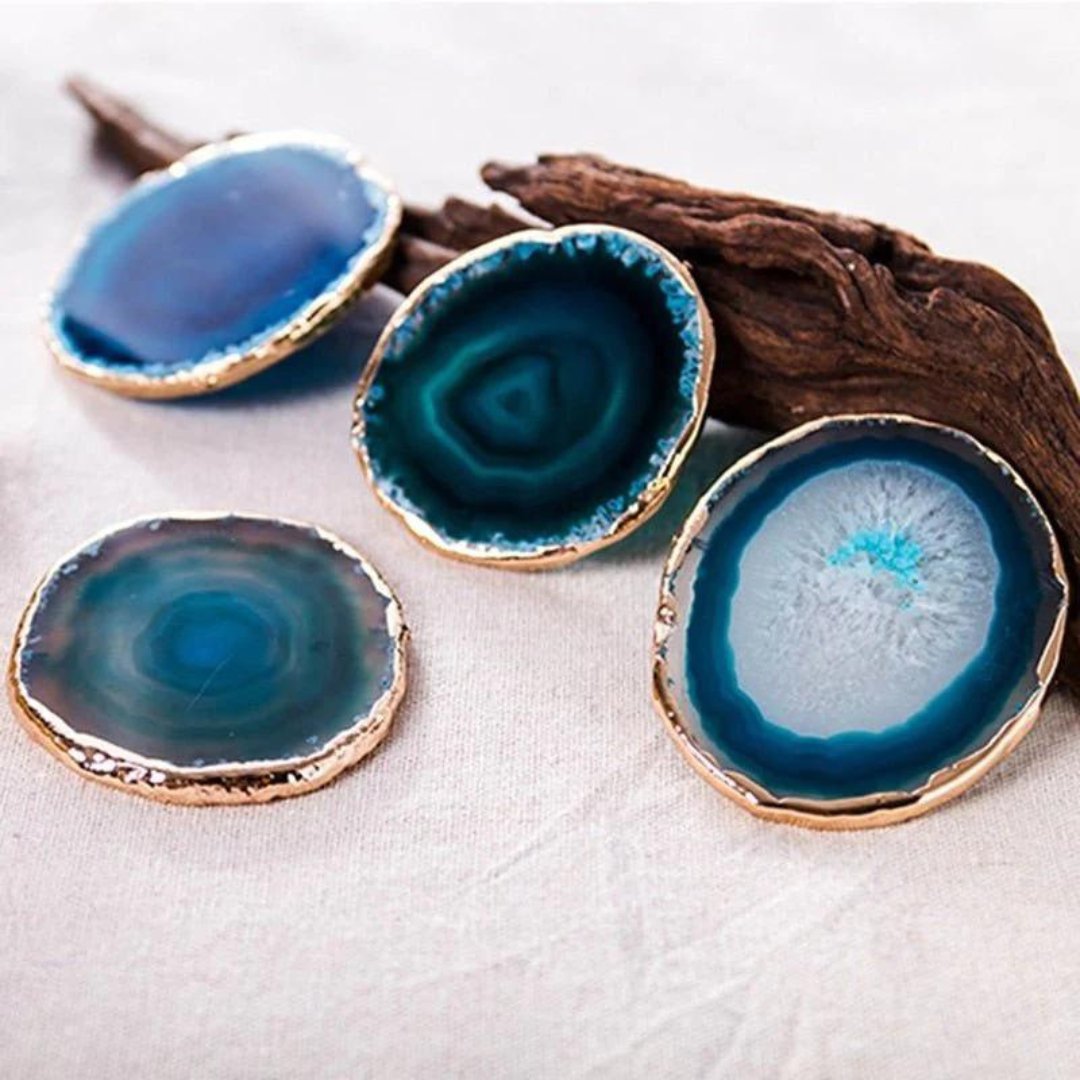 Agate coaster set – Authentic blue agate – Gold accents – Unique home decor – Ideal for drinks and decorative displays 0