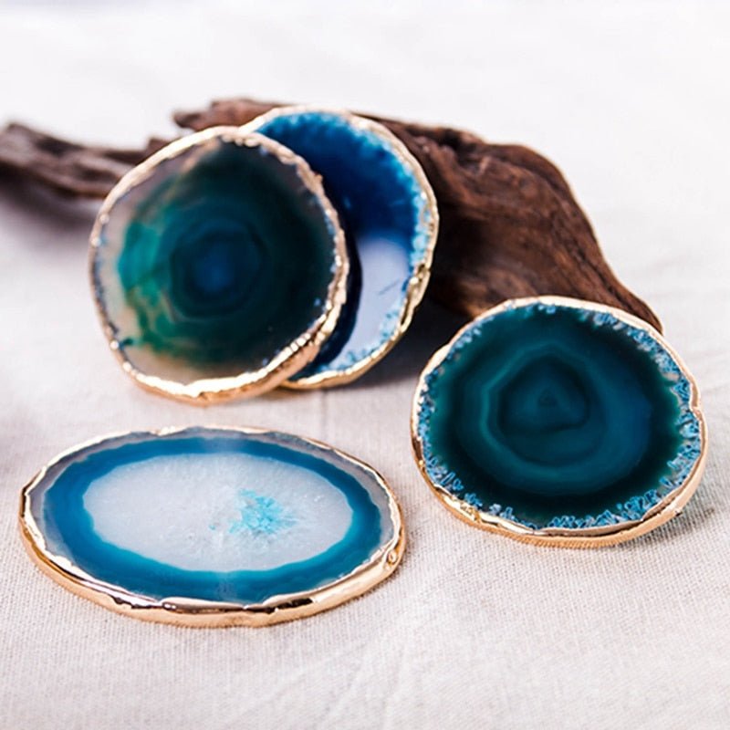 Agate coaster set – Authentic blue agate – Gold accents – Unique home decor – Ideal for drinks and decorative displays 4