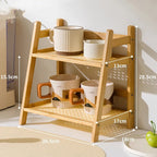 Bamboo countertop organizer featuring a 2-layer design with a natural wood finish. Ideal for kitchen counter storage, measuring 15.7 × 11 2