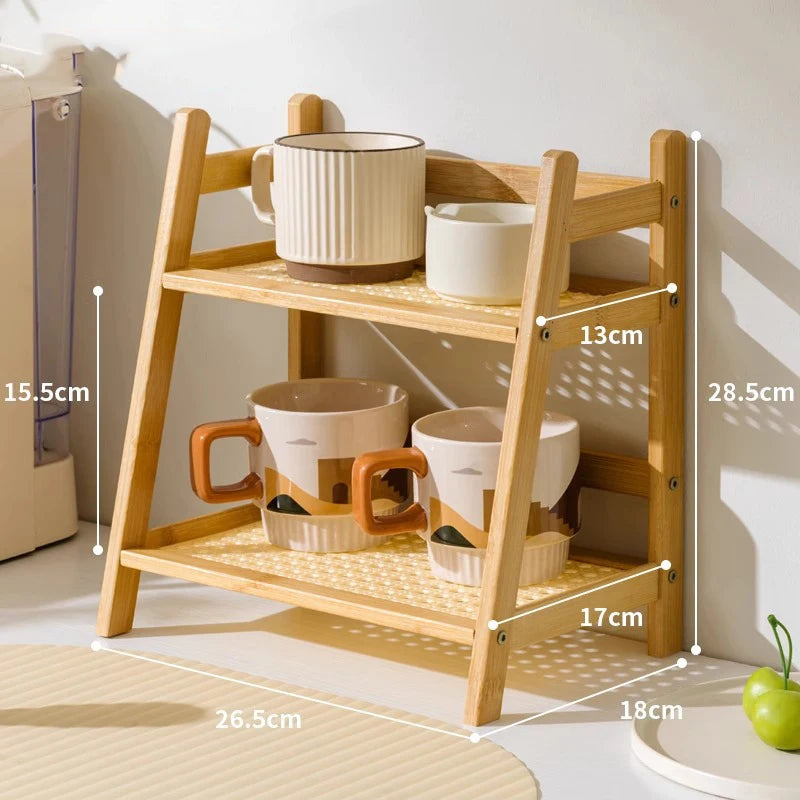 Bamboo countertop organizer featuring a 2-layer design with a natural wood finish. Ideal for kitchen counter storage, measuring 15.7 × 11 2