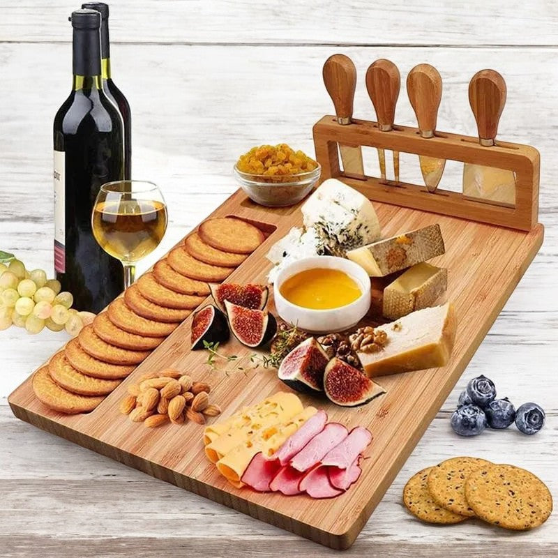 Bamboo cheese board set – Eco-friendly design – Includes 4 stainless steel knives – Perfect for entertaining and serving 0