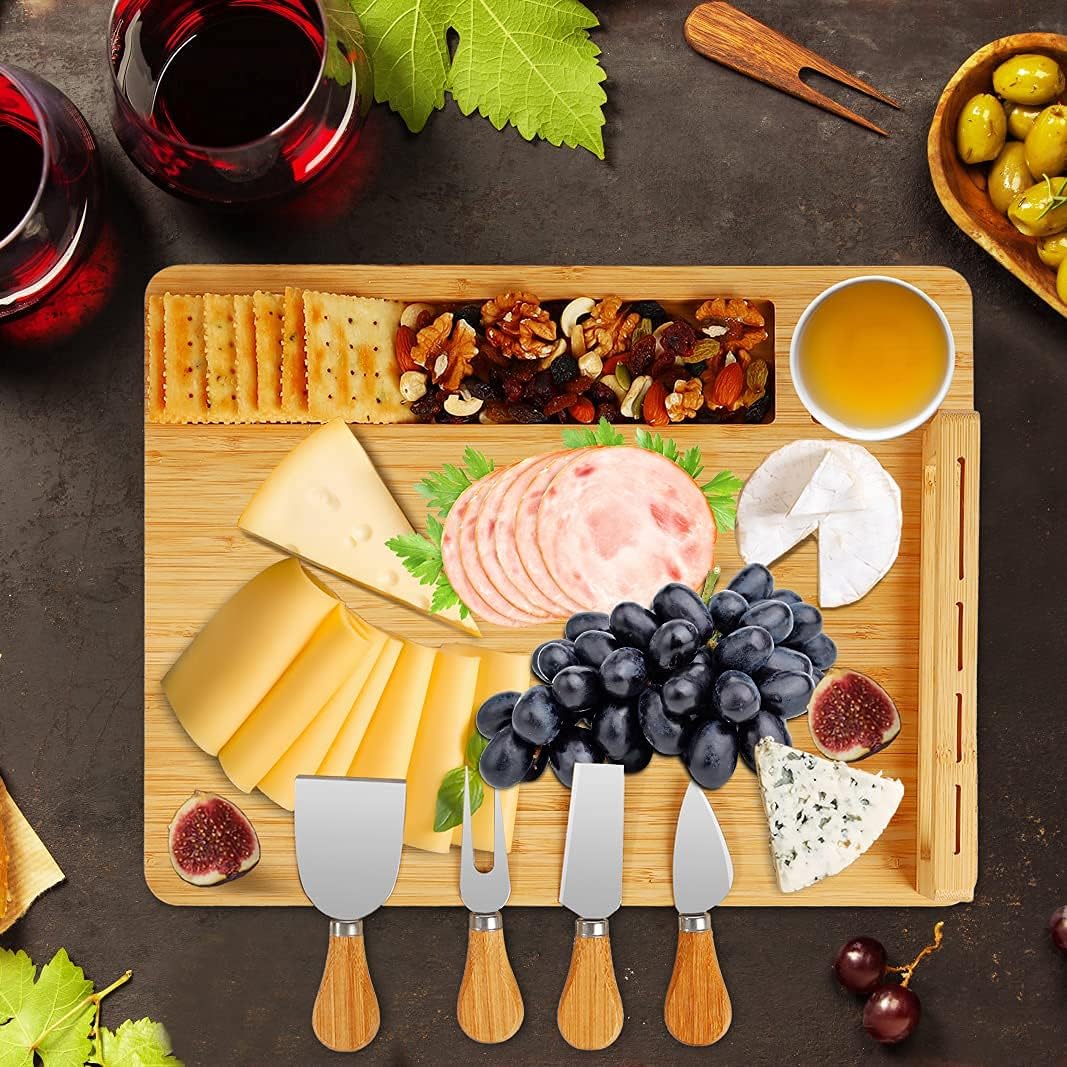 Bamboo cheese board set – Eco-friendly design – Includes 4 stainless steel knives – Perfect for entertaining and serving 1