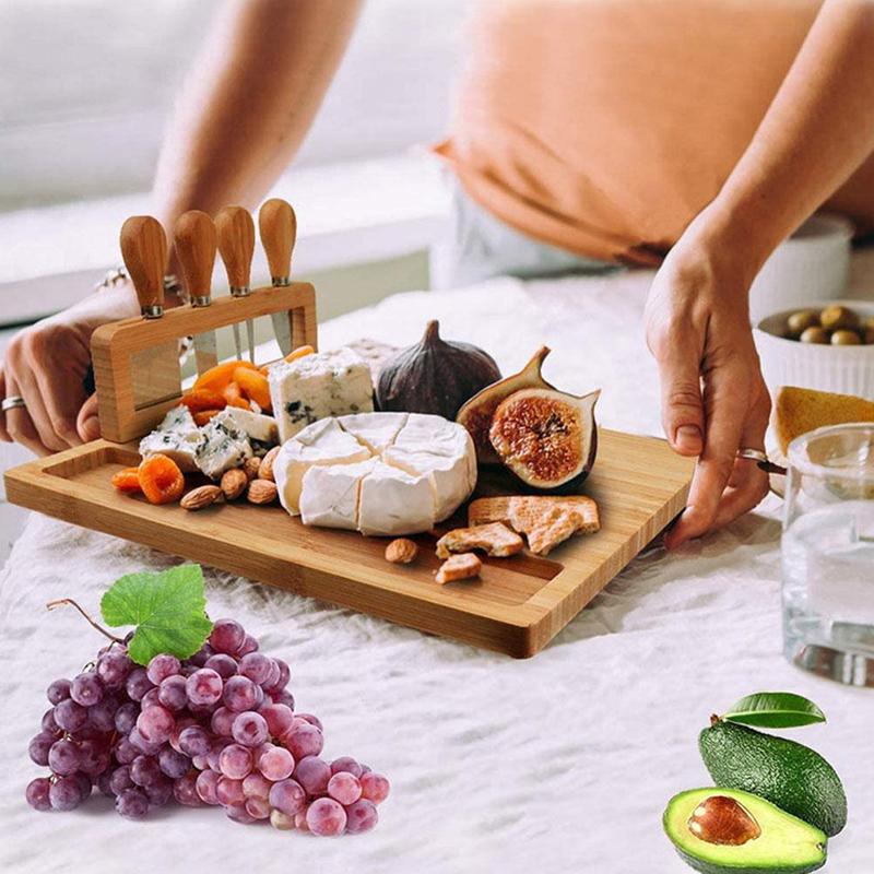 Bamboo cheese board set – Eco-friendly design – Includes 4 stainless steel knives – Perfect for entertaining and serving 4