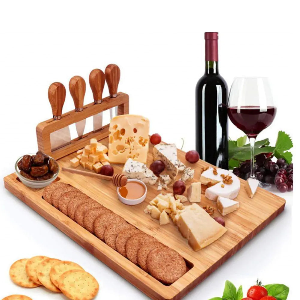 Bamboo cheese board set – Eco-friendly design – Includes 4 stainless steel knives – Perfect for entertaining and serving 6