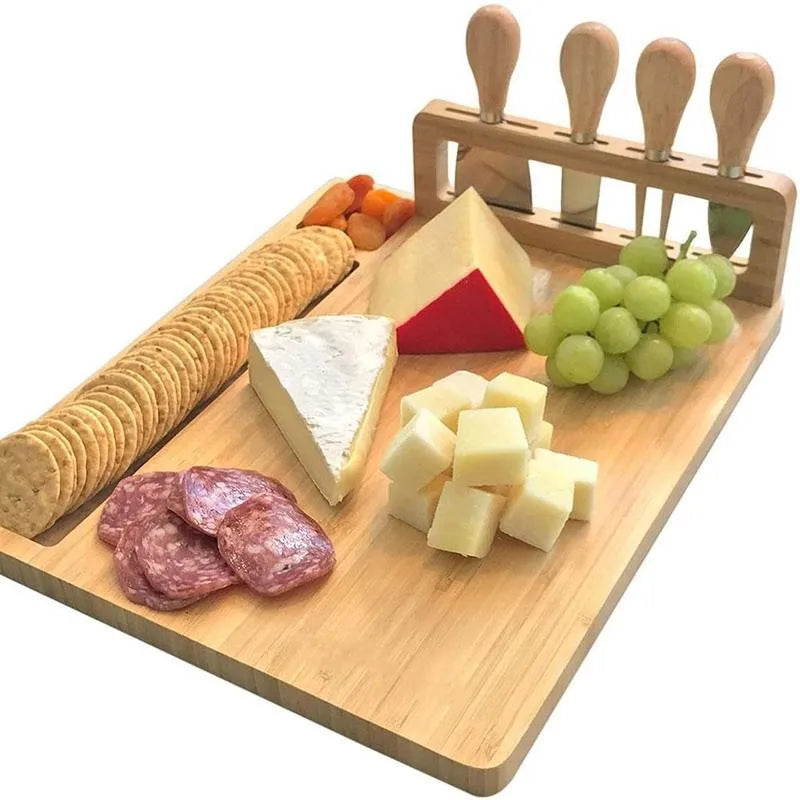 Bamboo cheese board set – Eco-friendly design – Includes 4 stainless steel knives – Perfect for entertaining and serving 7