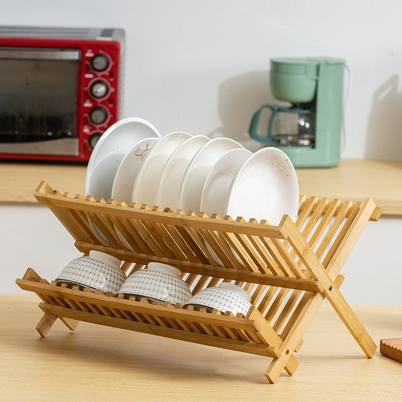 Bamboo dish drying rack – Eco-friendly design – Foldable and space-saving – 2-tier organization – Natural finish 1