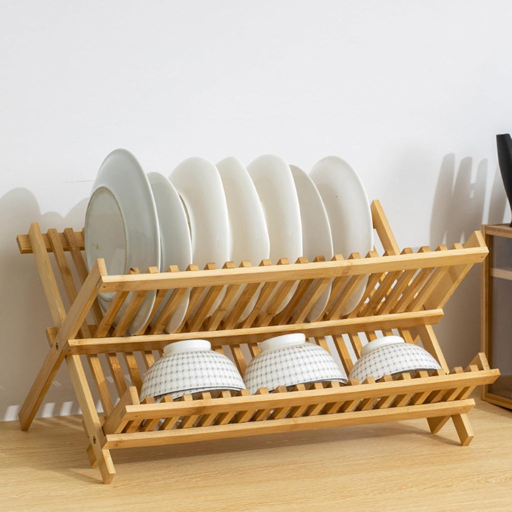 Bamboo dish drying rack – Eco-friendly design – Foldable and space-saving – 2-tier organization – Natural finish 2