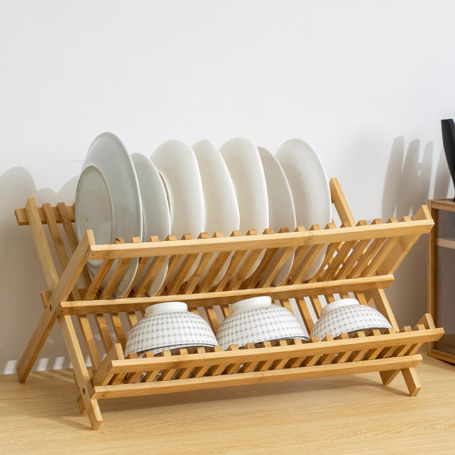 Bamboo dish drying rack – Eco-friendly design – Foldable and space-saving – 2-tier organization – Natural finish 2