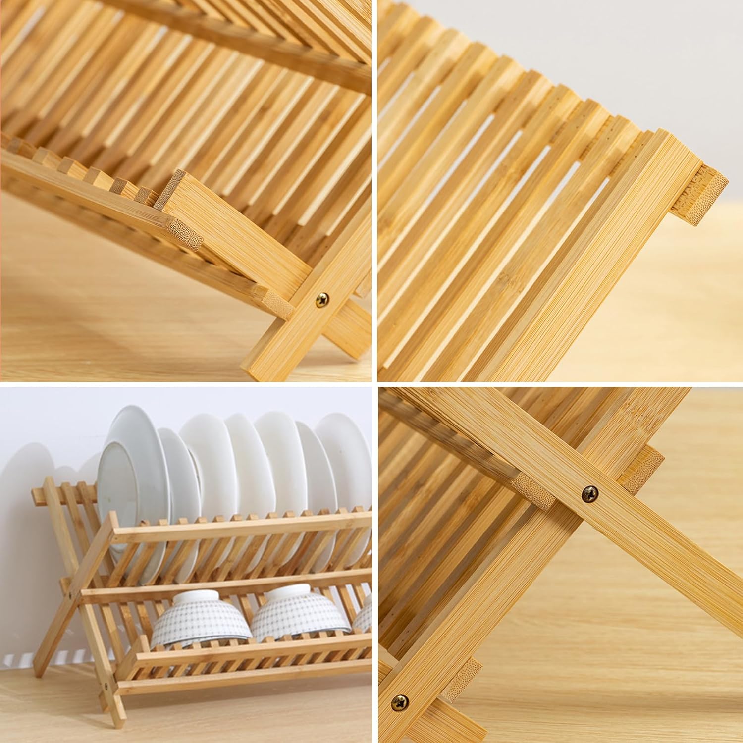 Bamboo dish drying rack – Eco-friendly design – Foldable and space-saving – 2-tier organization – Natural finish 3