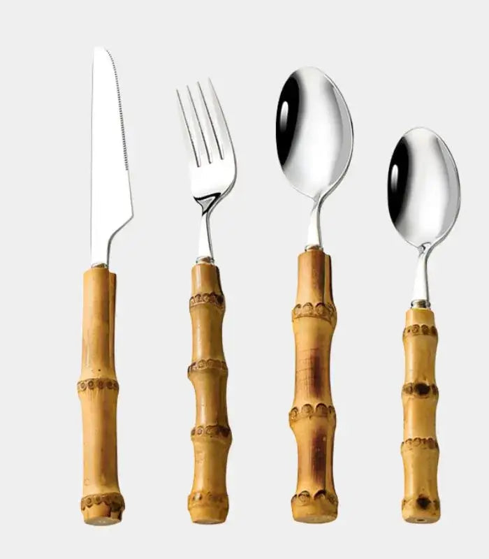Bamboo handle cutlery set – 24-piece stainless steel – Elegant dining essentials – Rustic and chic 0
