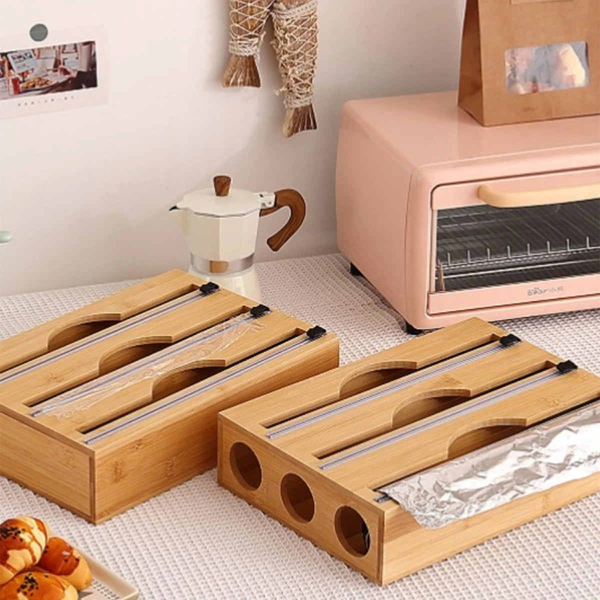 Bamboo kitchen wrap dispenser – Foil and cling film cutter – Eco-friendly storage solution – 12 x 5 x 4 in 0