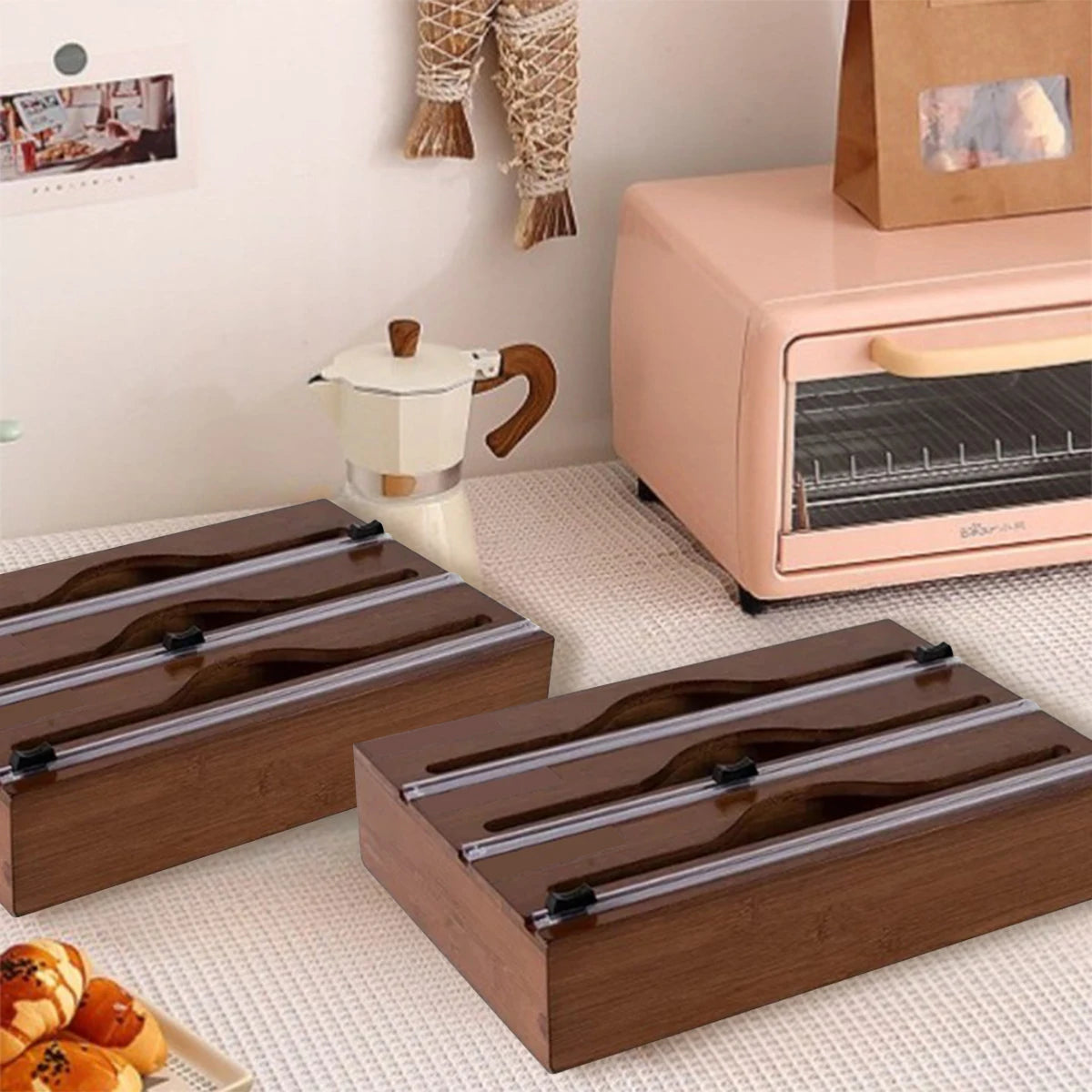 Bamboo kitchen wrap dispenser – Foil and cling film cutter – Eco-friendly storage solution – 12 x 5 x 4 in 3