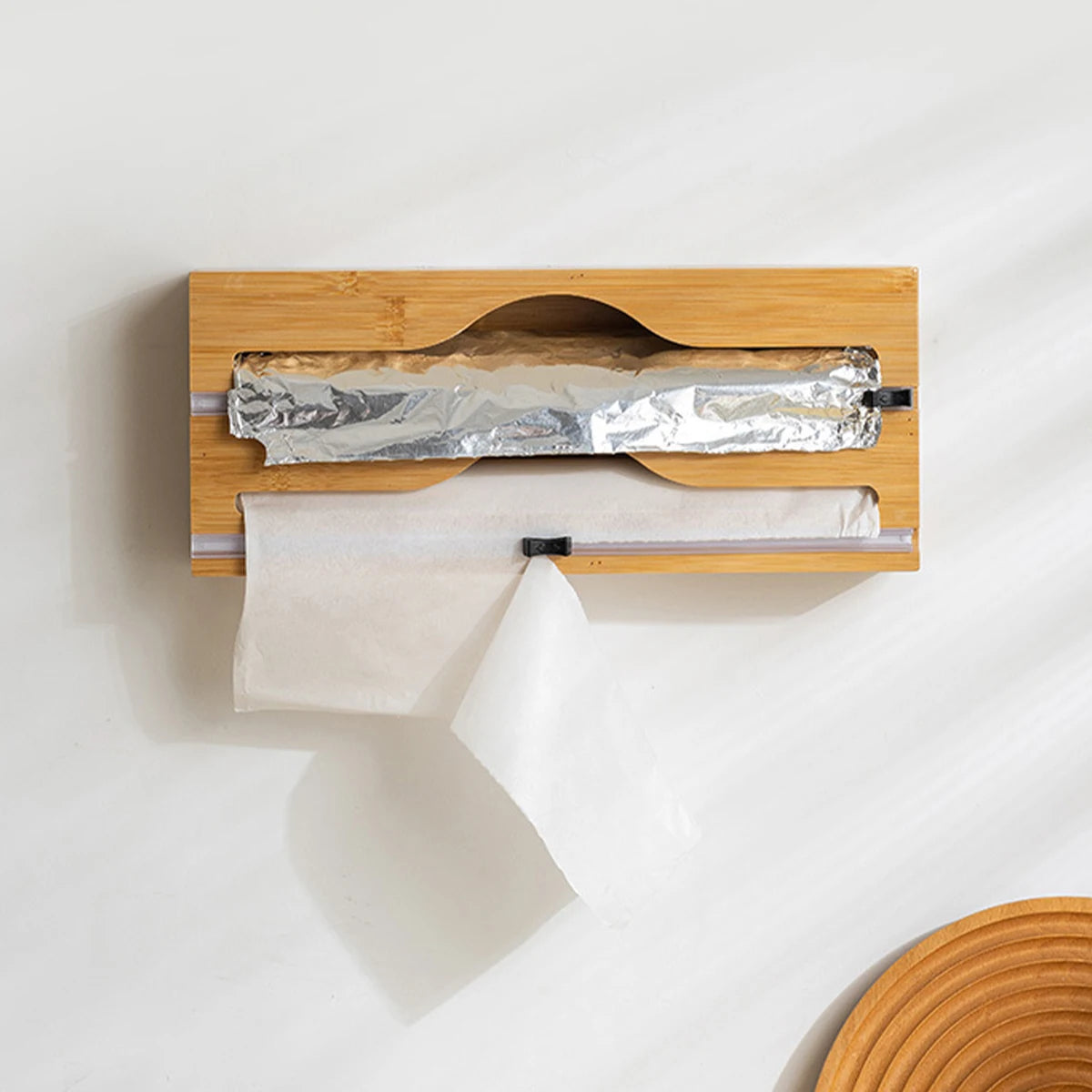 Bamboo kitchen wrap dispenser – Foil and cling film cutter – Eco-friendly storage solution – 12 x 5 x 4 in 4
