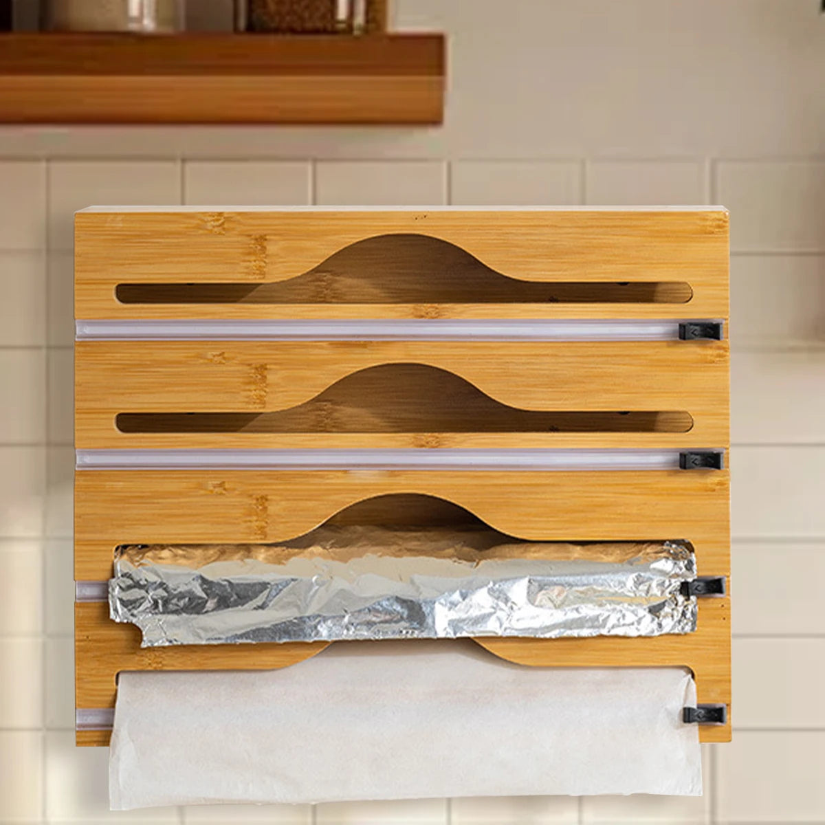 Bamboo kitchen wrap dispenser – Foil and cling film cutter – Eco-friendly storage solution – 12 x 5 x 4 in 5