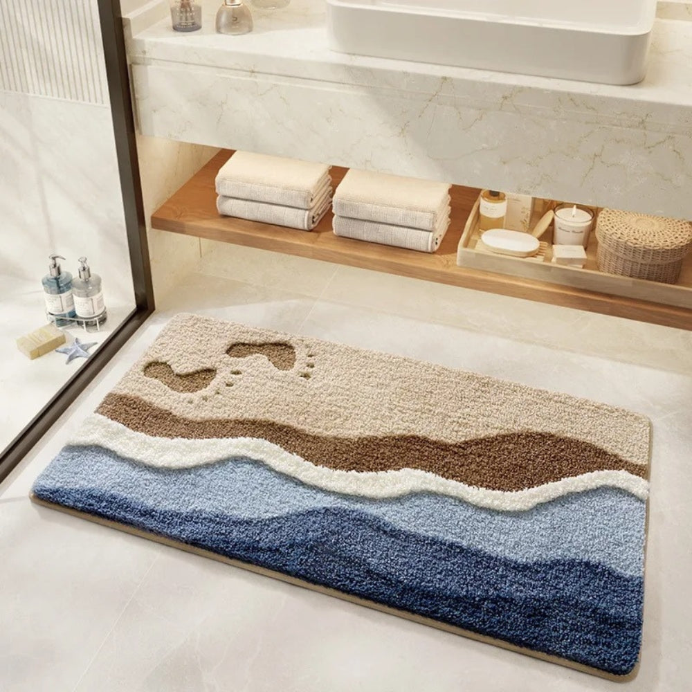 Bath mat – Plush microfiber blend – Seaside footprint design – Non-slip for safety – Coastal bathroom decor 0