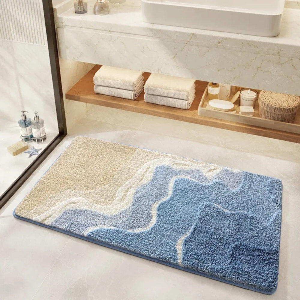 Bath mat – Plush microfiber blend – Seaside footprint design – Non-slip for safety – Coastal bathroom decor 1