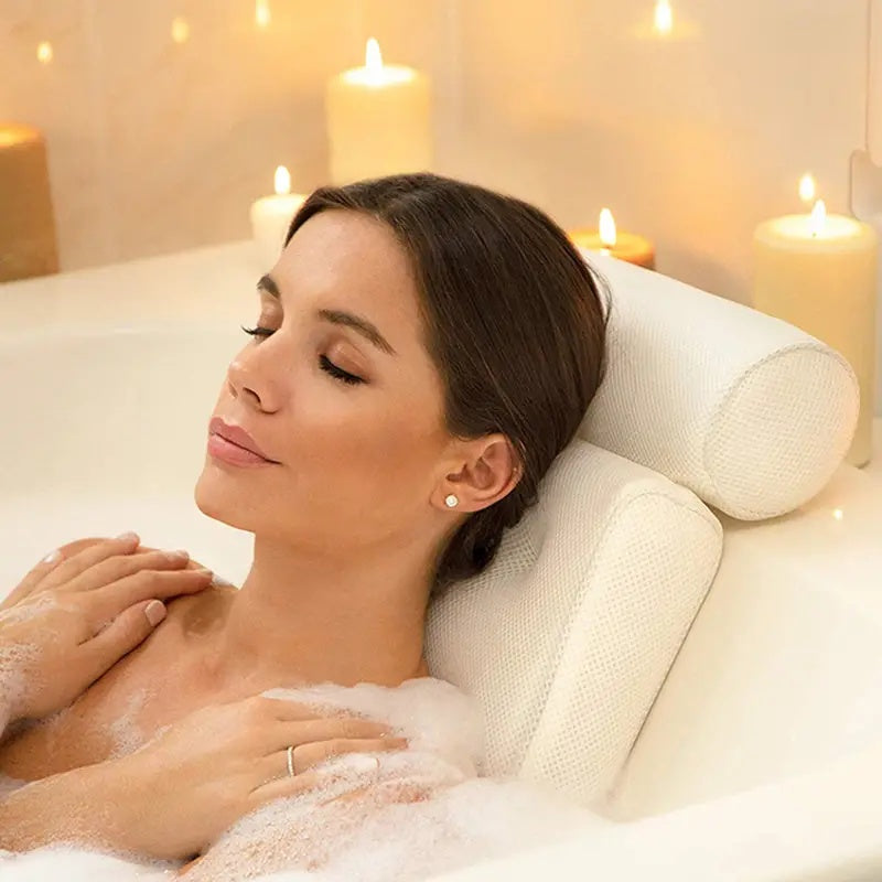 Bath pillow – 3D mesh fabric – White – Suction cups for secure support – Best bath pillow for tub relaxation 1