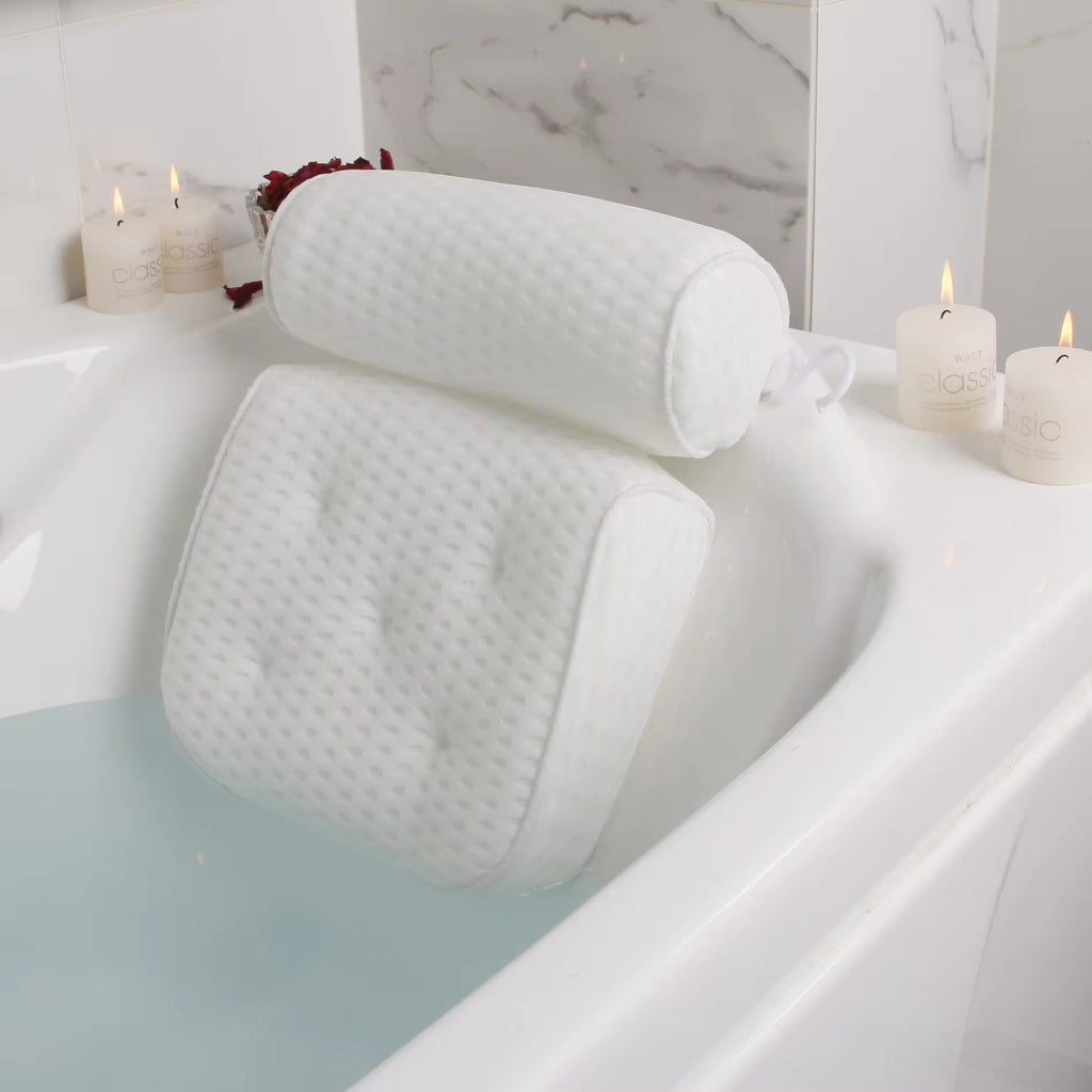 Bath pillow – 3D mesh fabric – White – Suction cups for secure support – Best bath pillow for tub relaxation 2