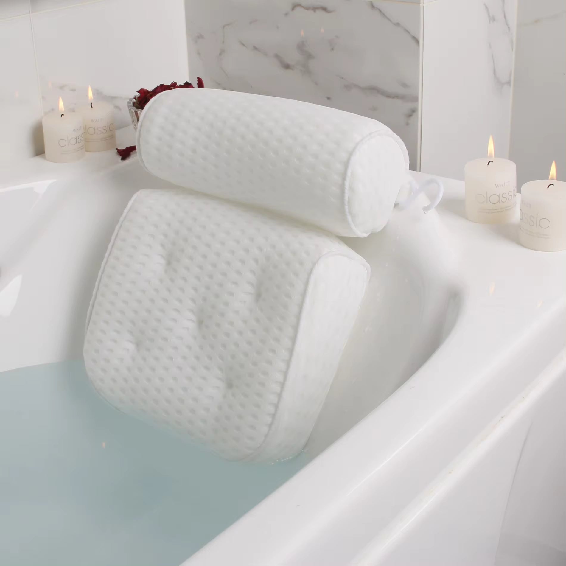 Bath pillow – 3D mesh fabric – White – Suction cups for secure support – Best bath pillow for tub relaxation 2