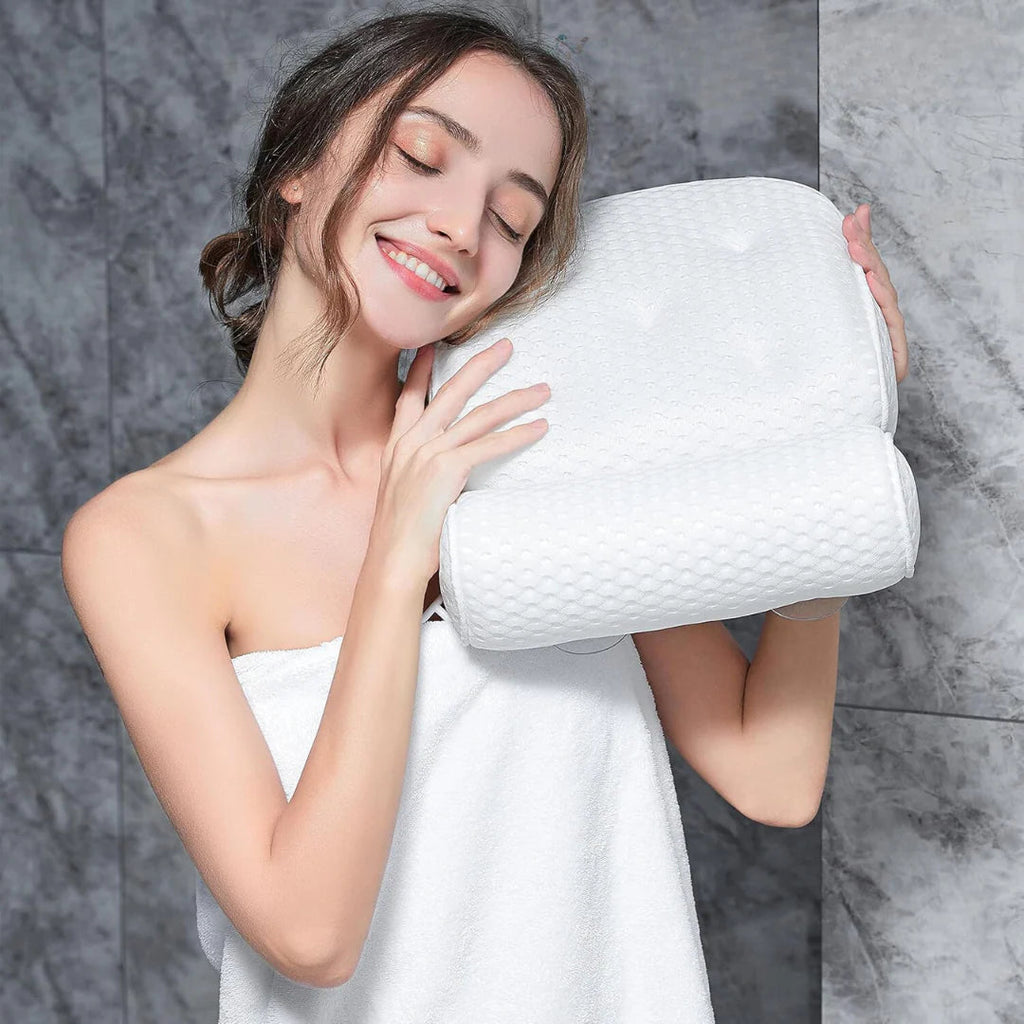 Bath pillow – 3D mesh fabric – White – Suction cups for secure support – Best bath pillow for tub relaxation 6