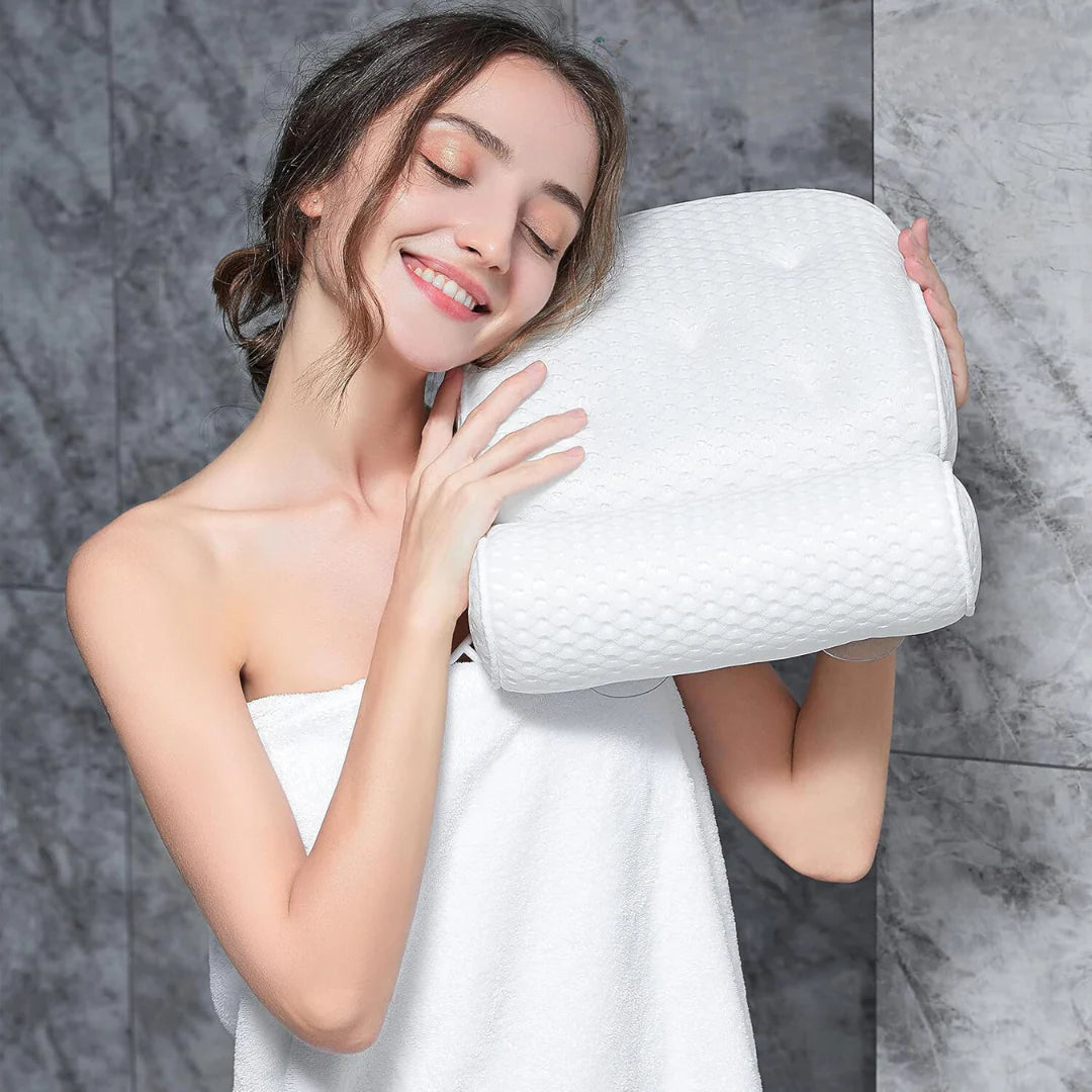 Bath pillow – 3D mesh fabric – White – Suction cups for secure support – Best bath pillow for tub relaxation 6