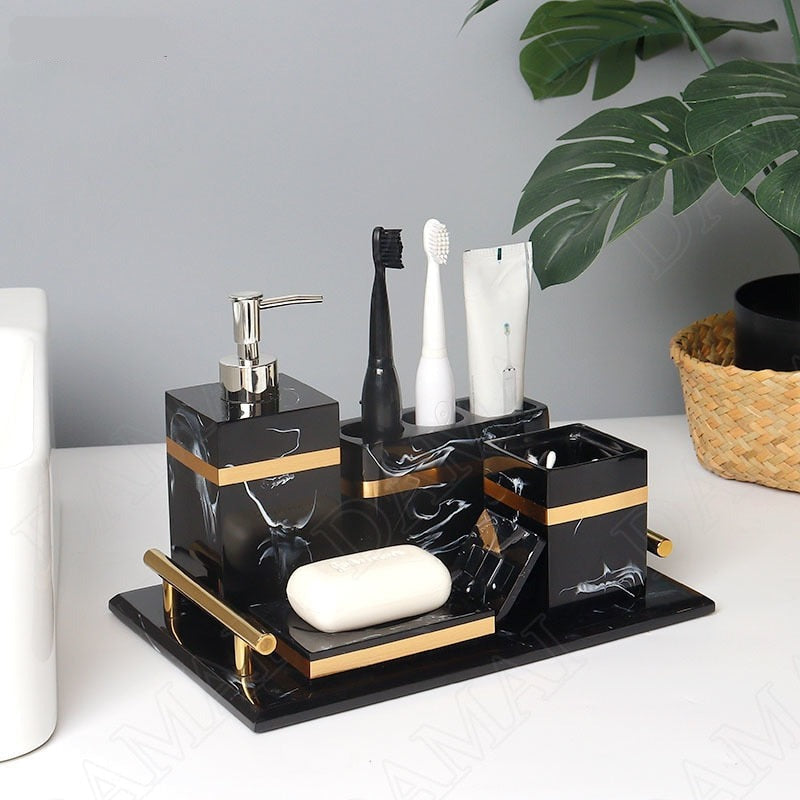 Bathroom accessories set – Elegant resin – Toothbrush holder, soap dish, cotton swab holder, tissue box cover 1