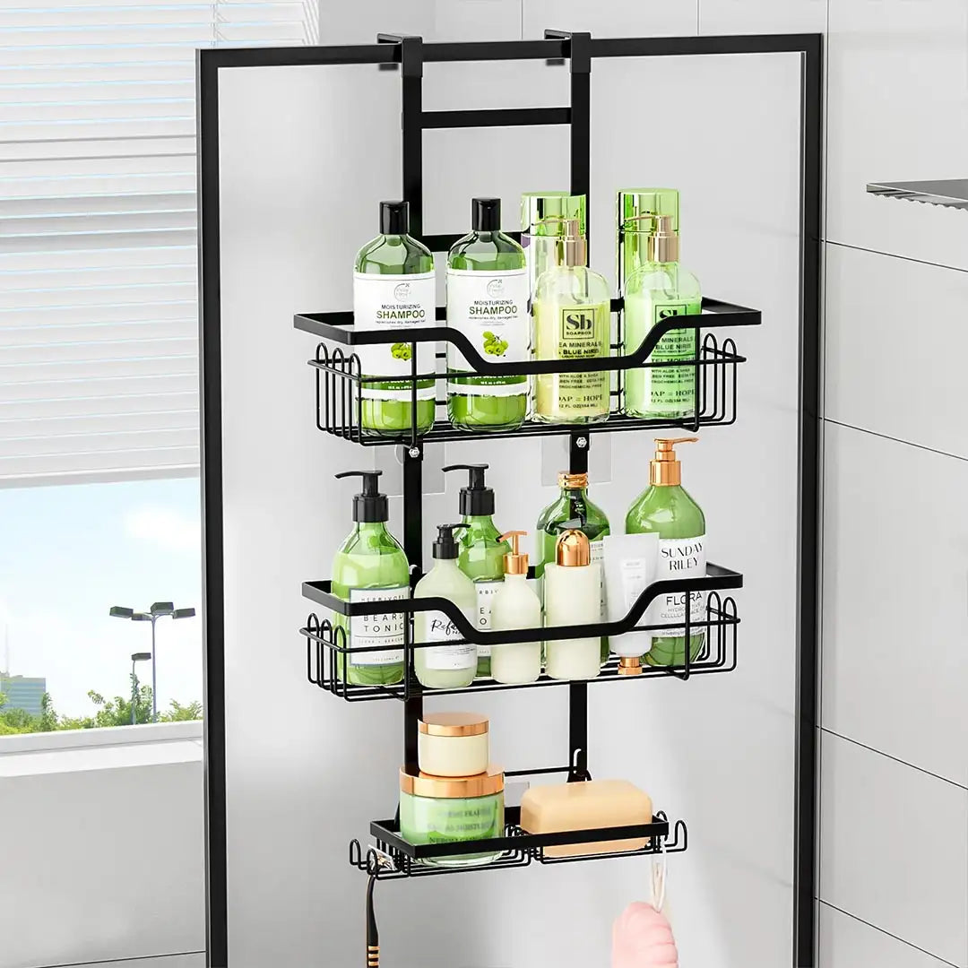 Bathroom organizer – Matte black iron – Drill-free over door design – Multi-layer shower storage solution 0