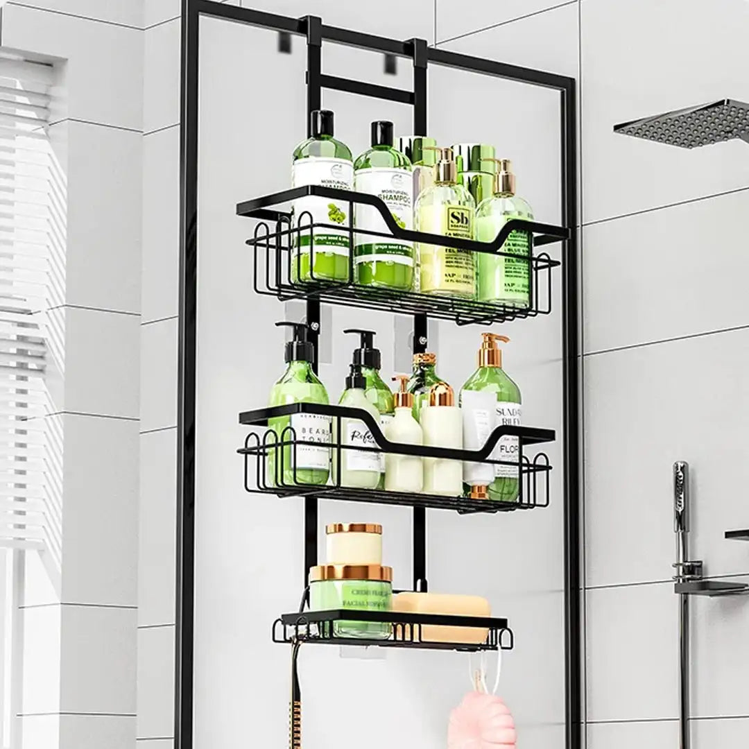Bathroom organizer – Matte black iron – Drill-free over door design – Multi-layer shower storage solution 1