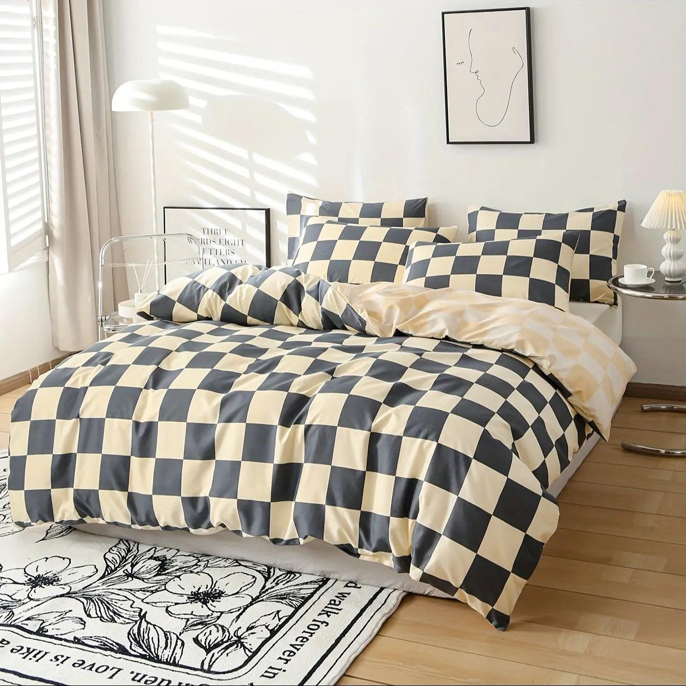 Bedding set – Modern plaid design – Soft fabric – 3-piece duvet cover and pillowcases 1