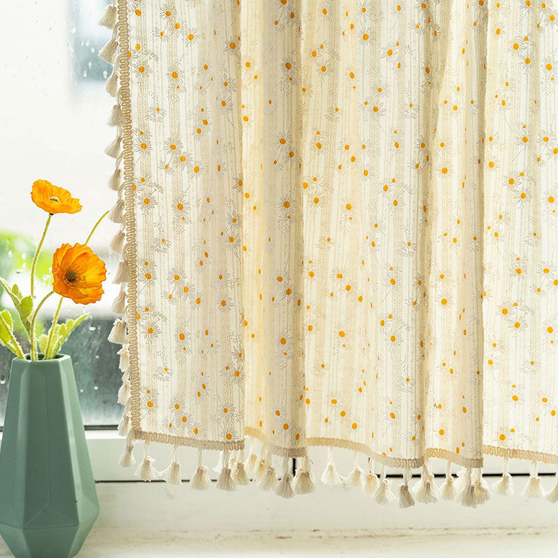 Beige Daisy Pattern Tier Curtain – Cotton Linen Window Treatment for Kitchen and Home Decor, Customizable Size, Machine Washable 3