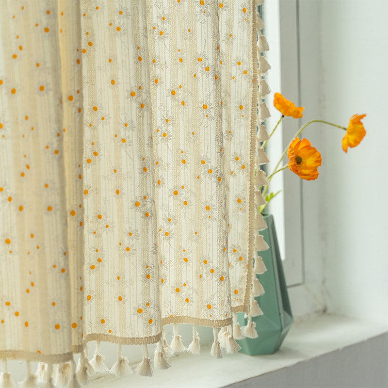 Beige Daisy Pattern Tier Curtain – Cotton Linen Window Treatment for Kitchen and Home Decor, Customizable Size, Machine Washable 4