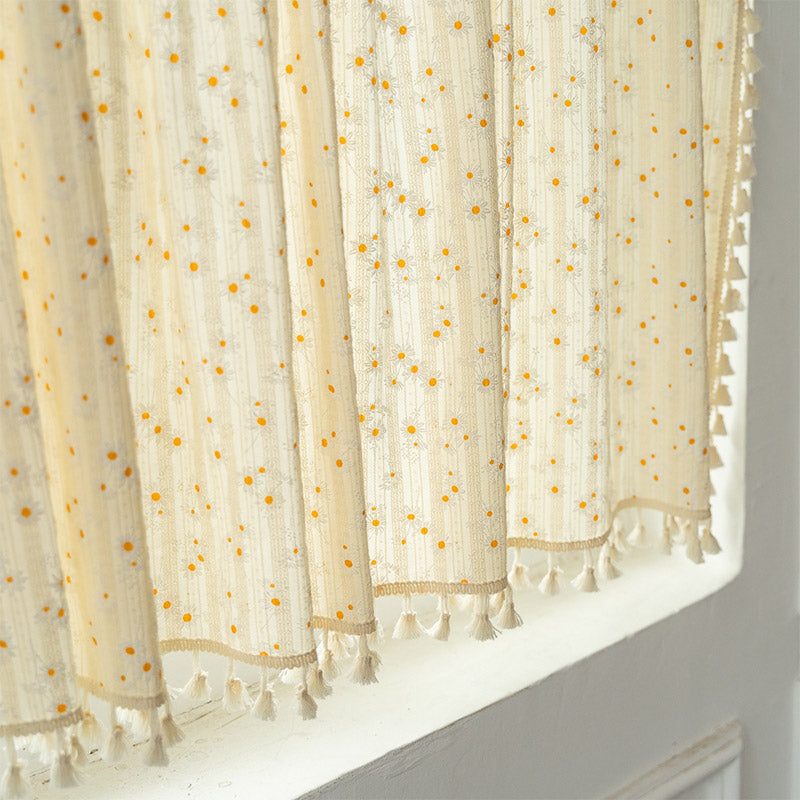 Beige Daisy Pattern Tier Curtain – Cotton Linen Window Treatment for Kitchen and Home Decor, Customizable Size, Machine Washable 6