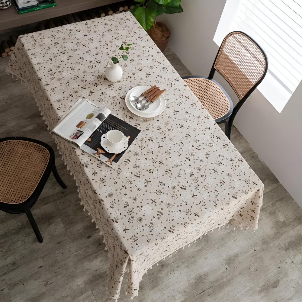 Beige PU-leather Tassel Tablecloth – Bohemian Farmhouse Design for Rustic Dining Decor 0