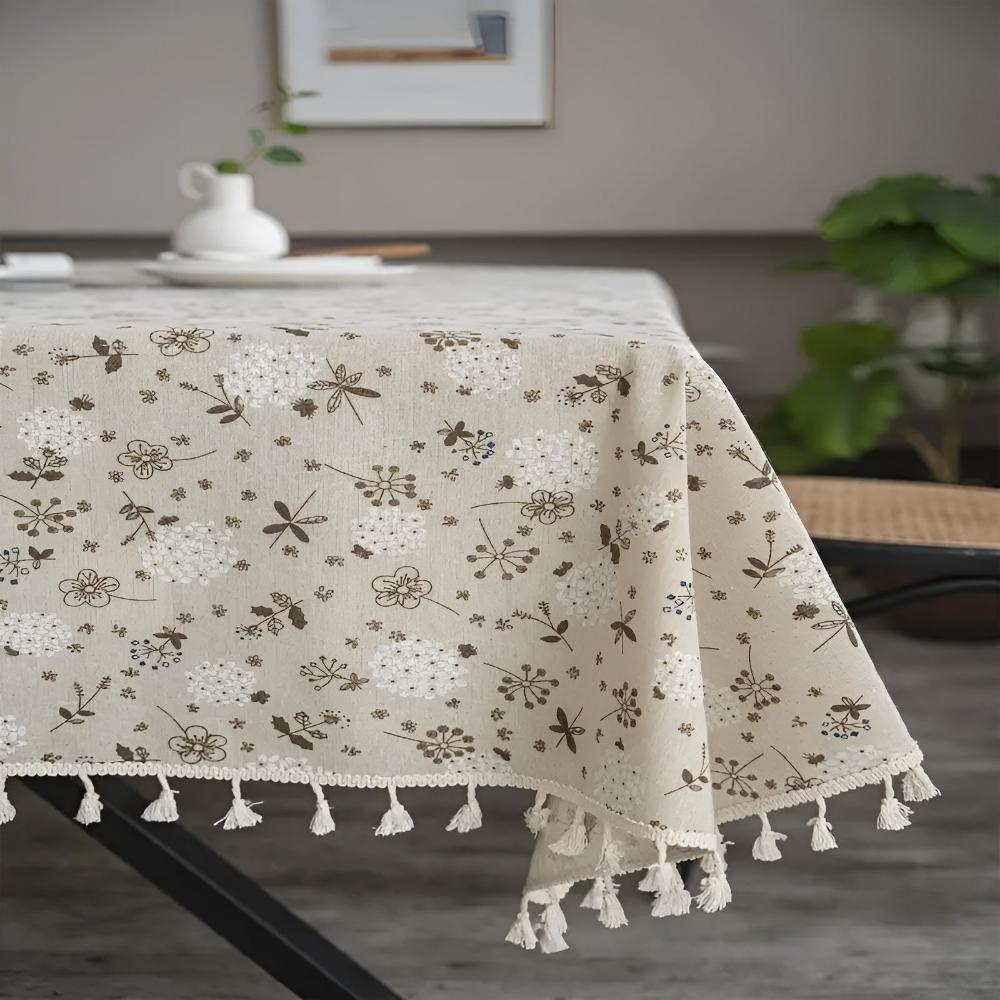 Beige PU-leather Tassel Tablecloth – Bohemian Farmhouse Design for Rustic Dining Decor 1