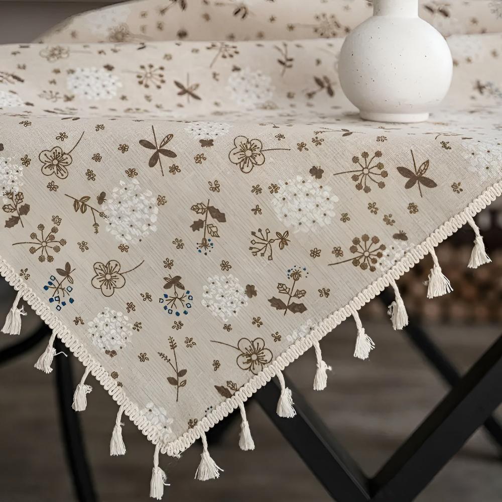 Beige PU-leather Tassel Tablecloth – Bohemian Farmhouse Design for Rustic Dining Decor 4