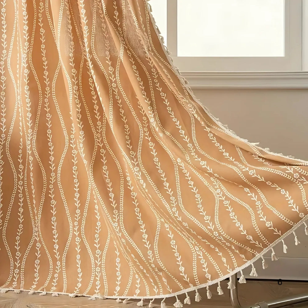 Beige Wheat Pattern Tassel Curtain – Soft Microfiber Blend for Cozy Home Décor, Ideal for Bedrooms and Lounges 2