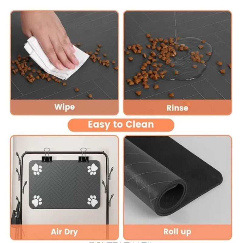 Black and white pet feeding mat featuring an absorbent, scratch-resistant design. Ideal for keeping floors clean, it adds a stylish touch to any pet area 5
