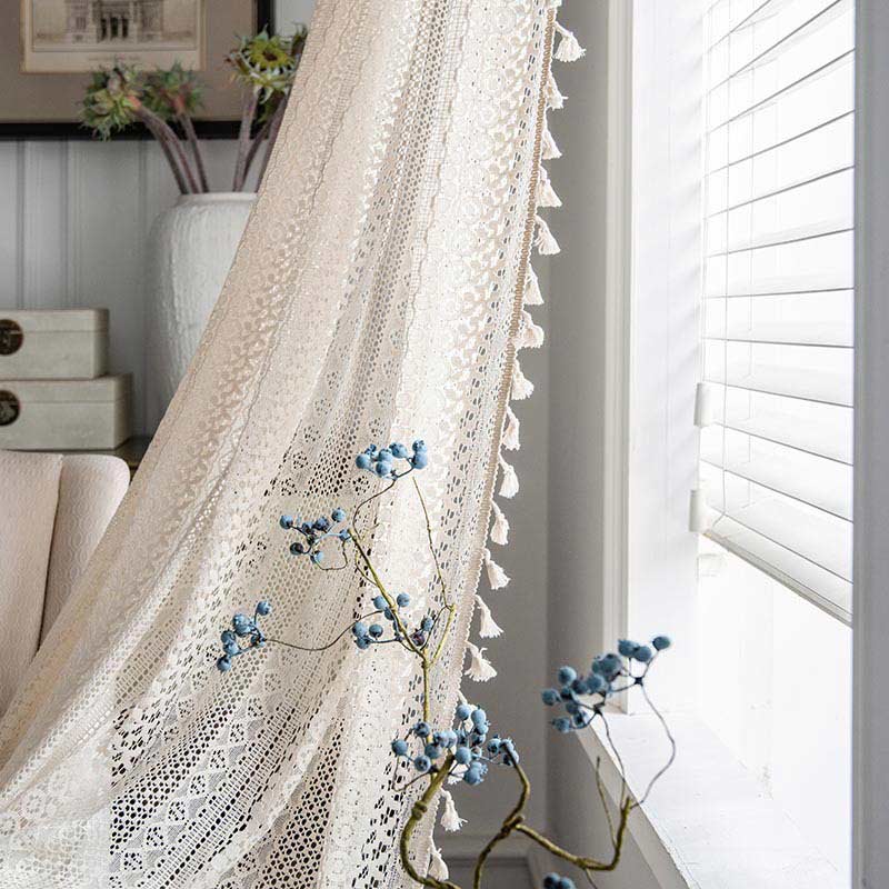 Bohemian Beige Cotton Tassel Curtain for Living Room - Hollow-Out Design, Elegant Home Decor 1